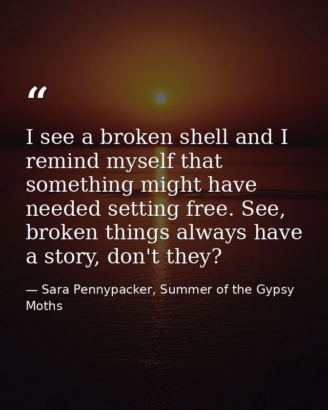 I see a broken shell and I remind myself that something might have needed setting free. See, broken things always have a — Sara Pennypacker, Summer of the Gypsy Moths
