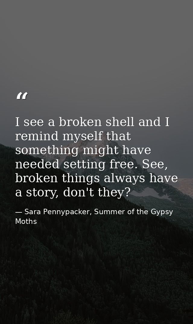 I see a broken shell and I remind myself that something might have needed setting free. See, broken things always have a — Sara Pennypacker, Summer of the Gypsy Moths