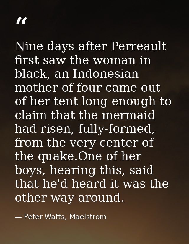 Nine days after Perreault first saw the woman in black, an Indonesian mother of four came out of her tent long enough to — Peter Watts, Maelstrom