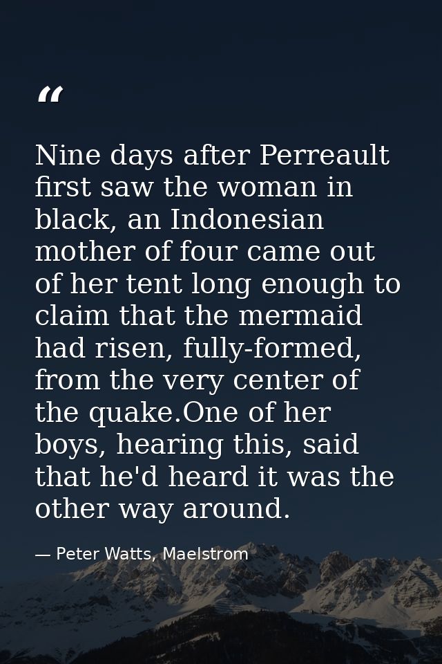 Nine days after Perreault first saw the woman in black, an Indonesian mother of four came out of her tent long enough to — Peter Watts, Maelstrom