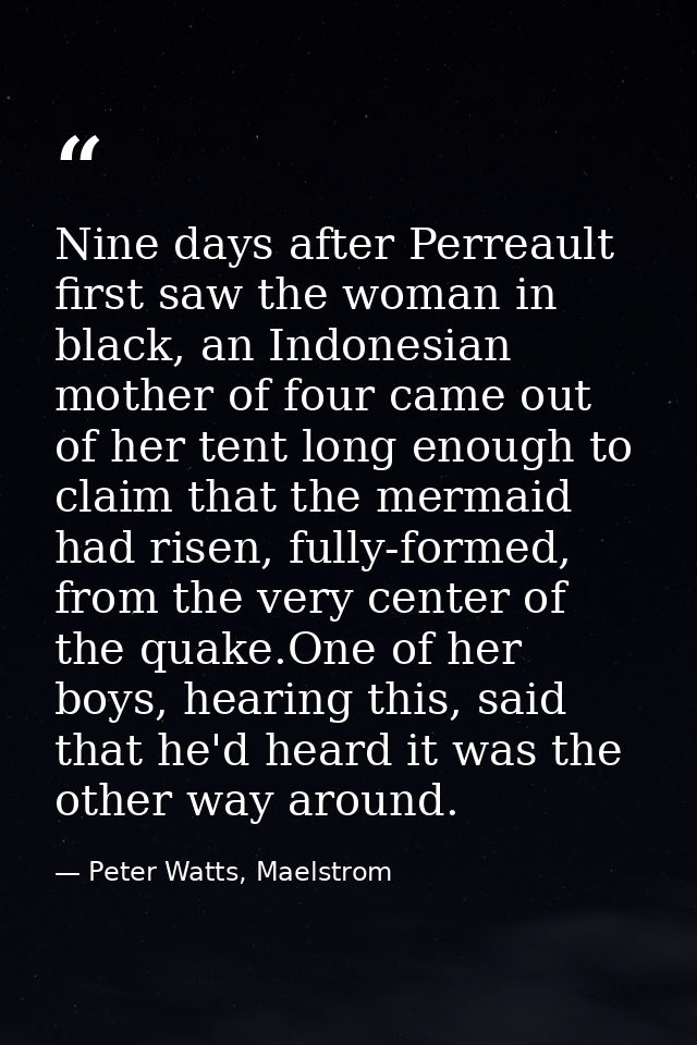 Nine days after Perreault first saw the woman in black, an Indonesian mother of four came out of her tent long enough to — Peter Watts, Maelstrom