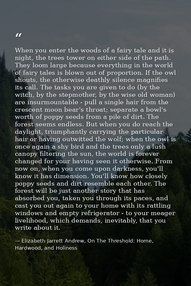 When you enter the woods of a fairy tale and it is night, the trees tower on either side of the path. They loom large be — Elizabeth Jarrett Andrew, On The Threshold: Home, Hardwood, and Holiness