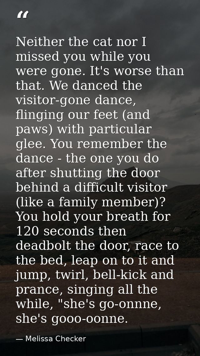 Neither the cat nor I missed you while you were gone. It's worse than that. We danced the visitor-gone dance, flinging o — Melissa Checker