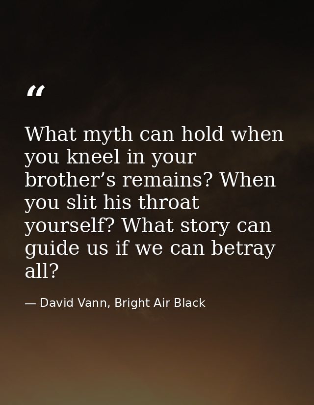 What myth can hold when you kneel in your brother’s remains? When you slit his throat yourself? What story can guide us  — David Vann, Bright Air Black
