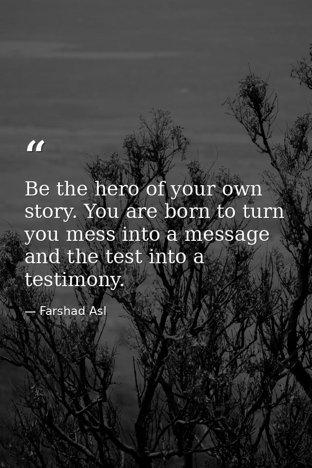 Be the hero of your own story. You are born to turn you mess into a message and the test into a testimony. — Farshad Asl