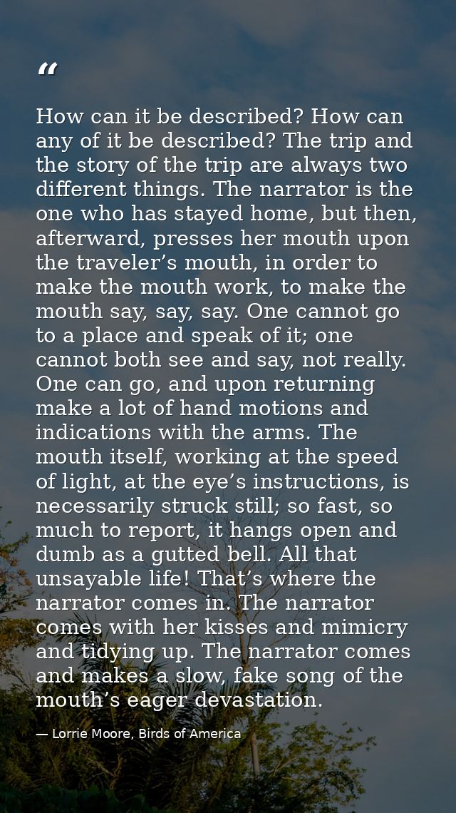 How can it be described? How can any of it be described? The trip and the story of the trip are always two different thi — Lorrie Moore, Birds of America
