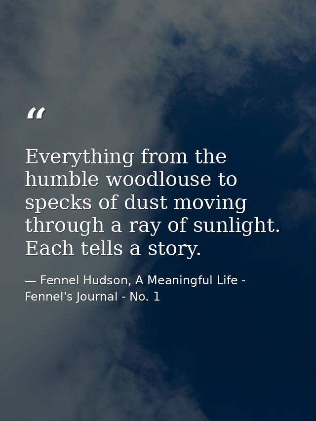 Everything from the humble woodlouse to specks of dust moving through a ray of sunlight. Each tells a story. — Fennel Hudson, A Meaningful Life - Fennel's Journal - No. 1
