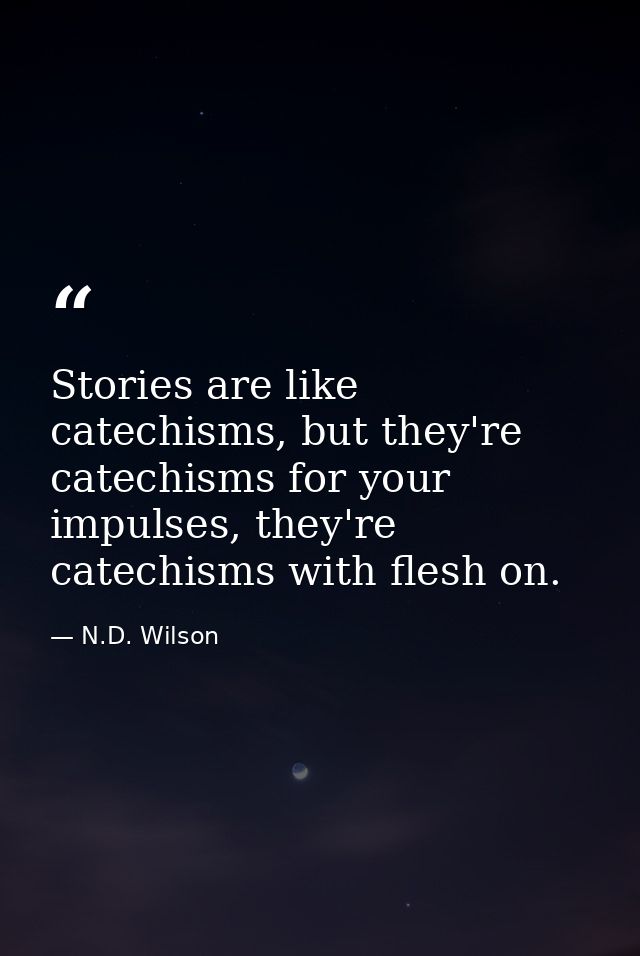 Stories are like catechisms, but they're catechisms for your impulses, they're catechisms with flesh on. — N.D. Wilson