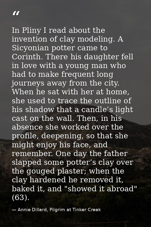 In Pliny I read about the invention of clay modeling. A Sicyonian potter came to Corinth. There his daughter fell in lov — Annie Dillard, Pilgrim at Tinker Creek