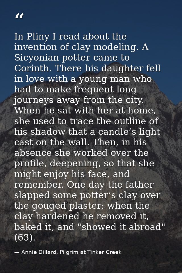 In Pliny I read about the invention of clay modeling. A Sicyonian potter came to Corinth. There his daughter fell in lov — Annie Dillard, Pilgrim at Tinker Creek