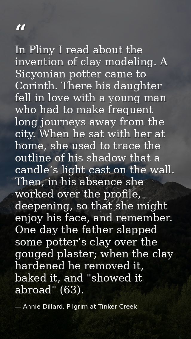 In Pliny I read about the invention of clay modeling. A Sicyonian potter came to Corinth. There his daughter fell in lov — Annie Dillard, Pilgrim at Tinker Creek