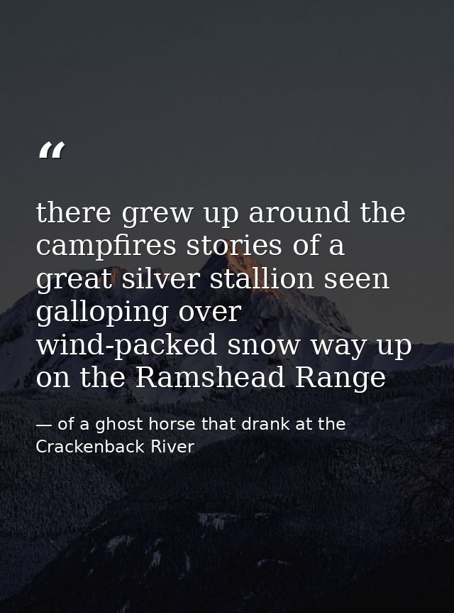 there grew up around the campfires stories of a great silver stallion seen galloping over wind-packed snow way up on the — of a ghost horse that drank at the Crackenback River