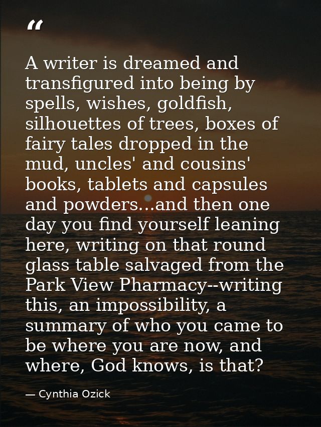 A writer is dreamed and transfigured into being by spells, wishes, goldfish, silhouettes of trees, boxes of fairy tales  — Cynthia Ozick