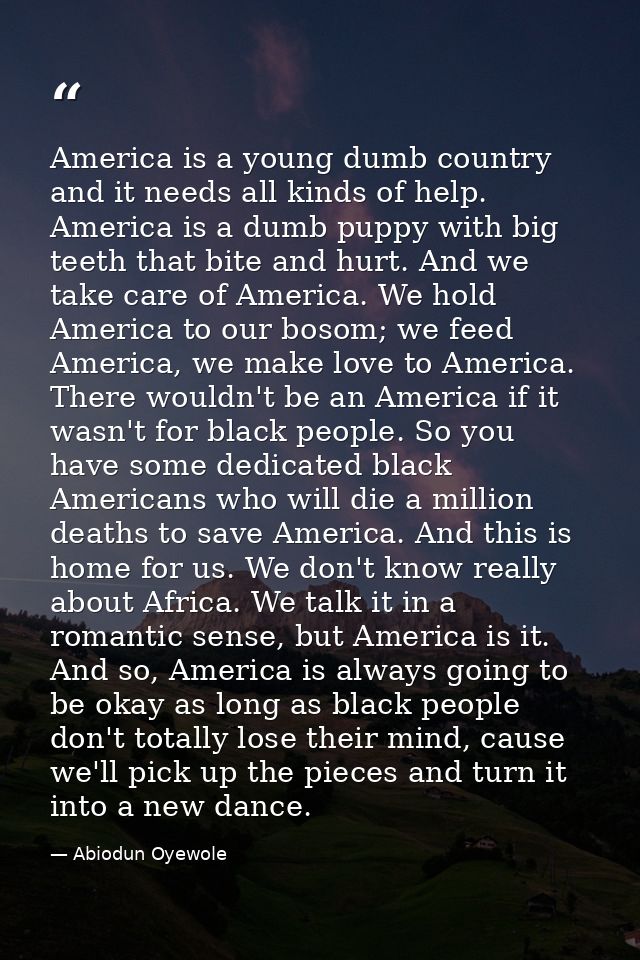 America is a young dumb country and it needs all kinds of help. America is a dumb puppy with big teeth that bite and hur — Abiodun Oyewole