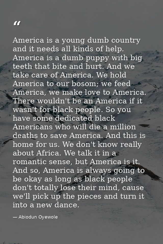 America is a young dumb country and it needs all kinds of help. America is a dumb puppy with big teeth that bite and hur — Abiodun Oyewole