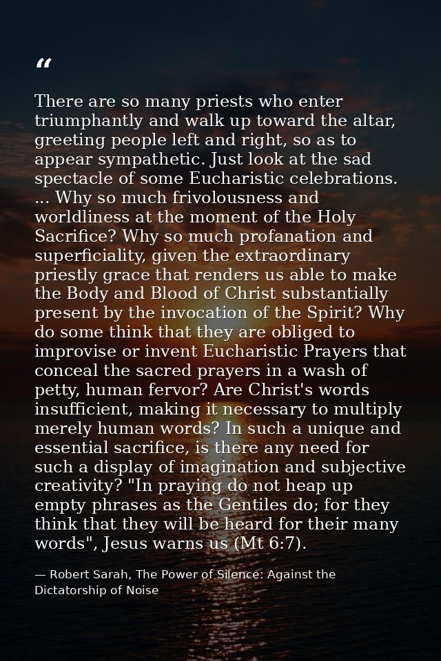There are so many priests who enter triumphantly and walk up toward the altar, greeting people left and right, so as to  — Robert Sarah, The Power of Silence: Against the Dictatorship of Noise
