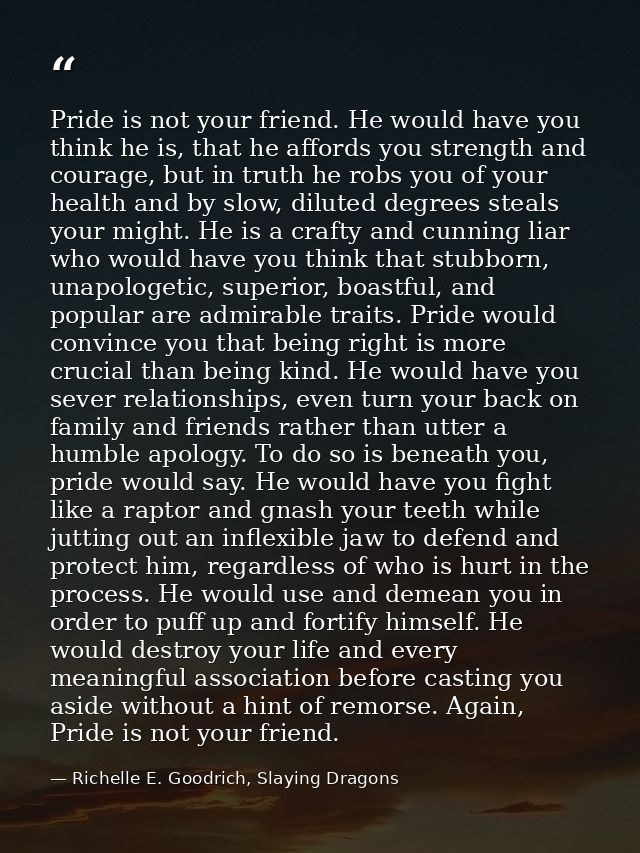 Pride is not your friend. He would have you think he is, that he affords you strength and courage, but in truth he robs  — Richelle E. Goodrich, Slaying Dragons