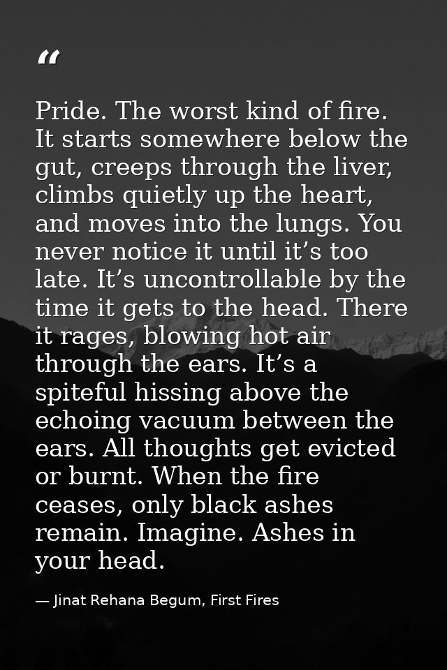 Pride. The worst kind of fire. It starts somewhere below the gut, creeps through the liver, climbs quietly up the heart, — Jinat Rehana Begum, First Fires