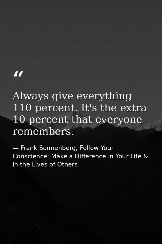 Always give everything 110 percent. It's the extra 10 percent that everyone remembers. — Frank Sonnenberg, Follow Your Conscience: Make a Difference in Your Life & in the Lives of Others