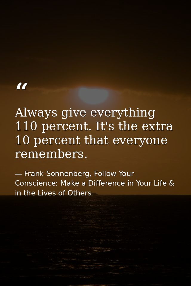 Always give everything 110 percent. It's the extra 10 percent that everyone remembers. — Frank Sonnenberg, Follow Your Conscience: Make a Difference in Your Life & in the Lives of Others