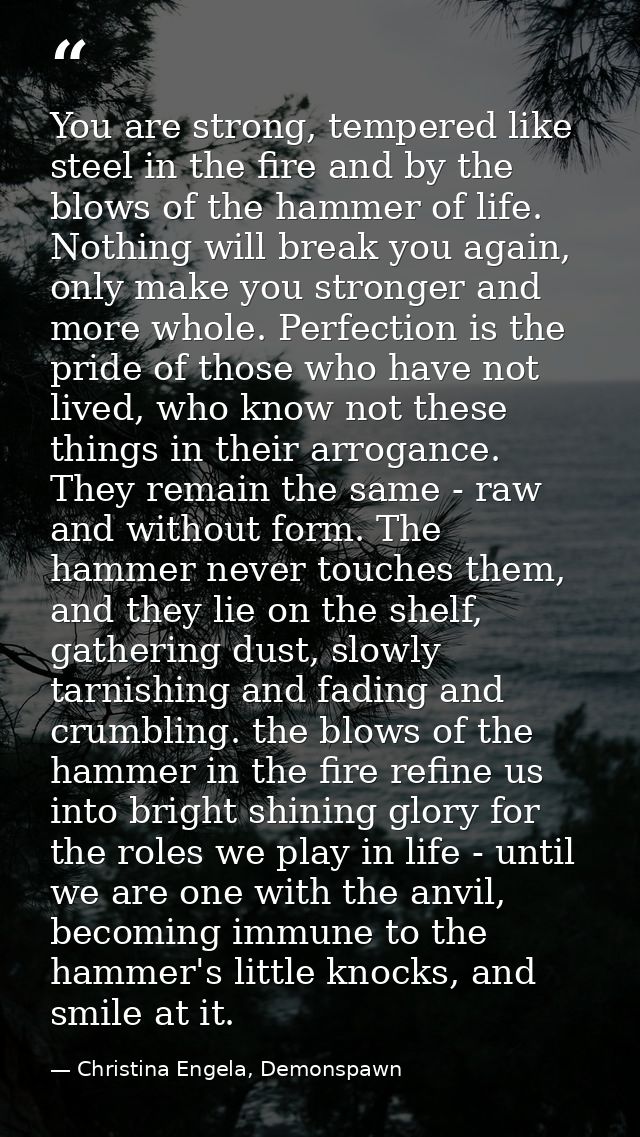 You are strong, tempered like steel in the fire and by the blows of the hammer of life. Nothing will break you again, on — Christina Engela, Demonspawn