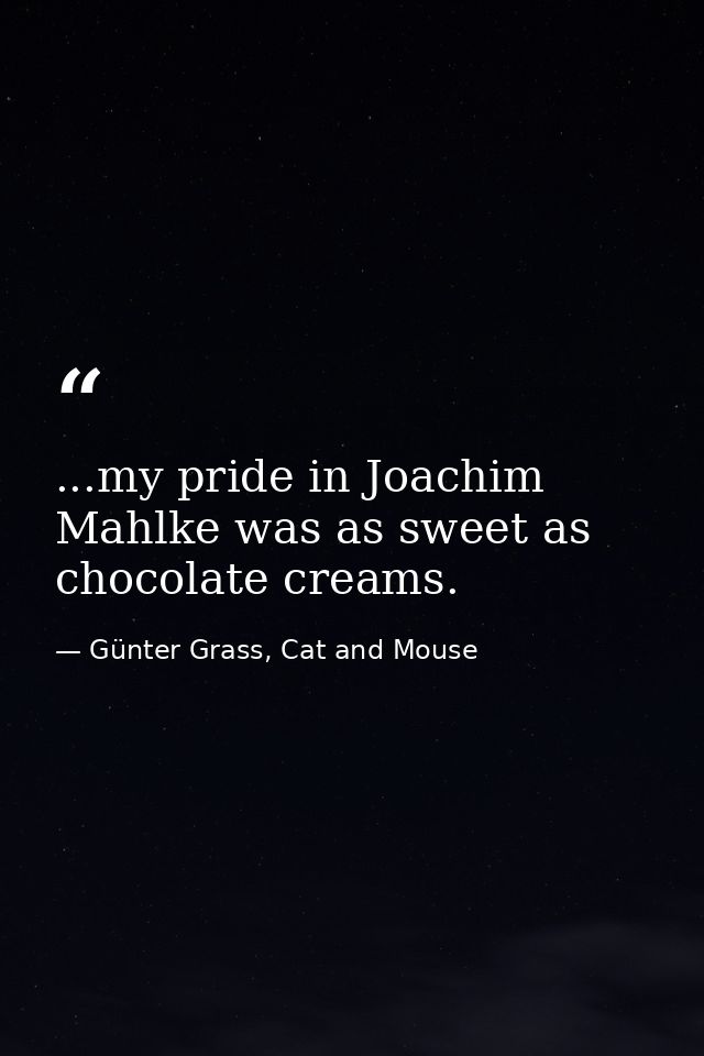 ...my pride in Joachim Mahlke was as sweet as chocolate creams. — Günter Grass, Cat and Mouse