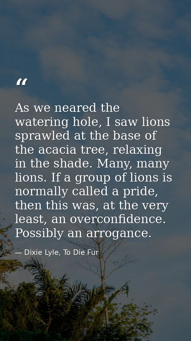 As we neared the watering hole, I saw lions sprawled at the base of the acacia tree, relaxing in the shade. Many, many l — Dixie Lyle, To Die Fur