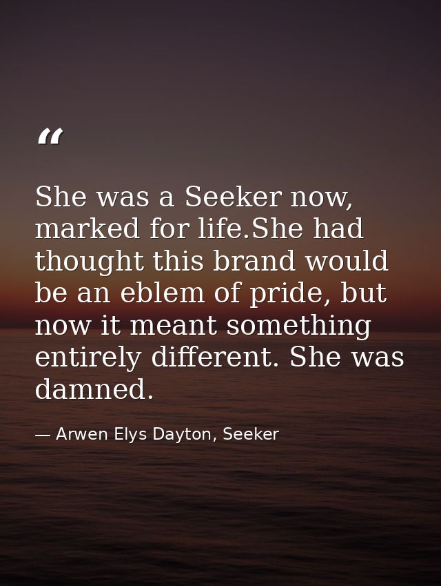 She was a Seeker now, marked for life.She had thought this brand would be an eblem of pride, but now it meant something  — Arwen Elys Dayton, Seeker