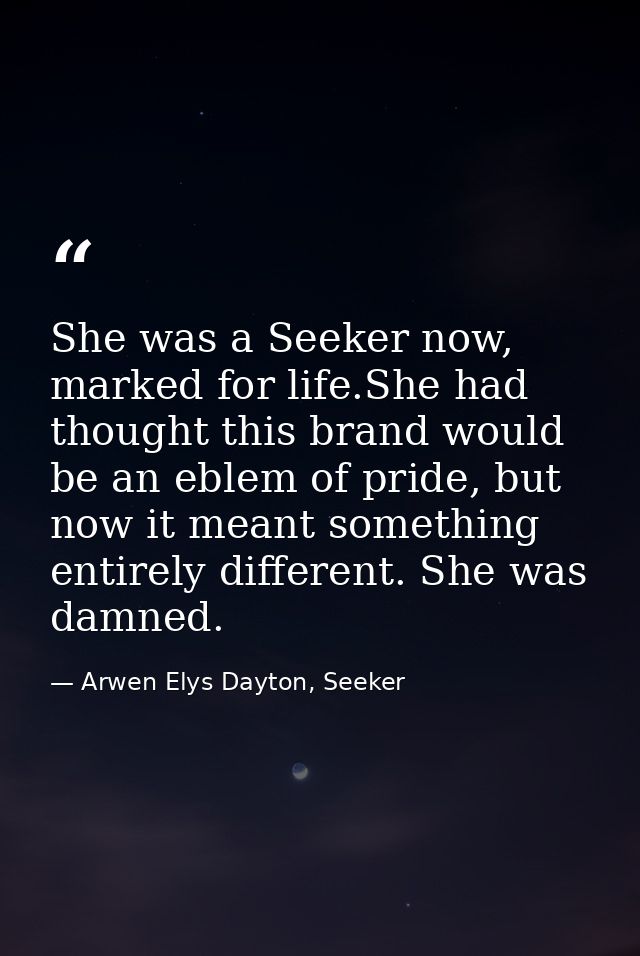 She was a Seeker now, marked for life.She had thought this brand would be an eblem of pride, but now it meant something  — Arwen Elys Dayton, Seeker