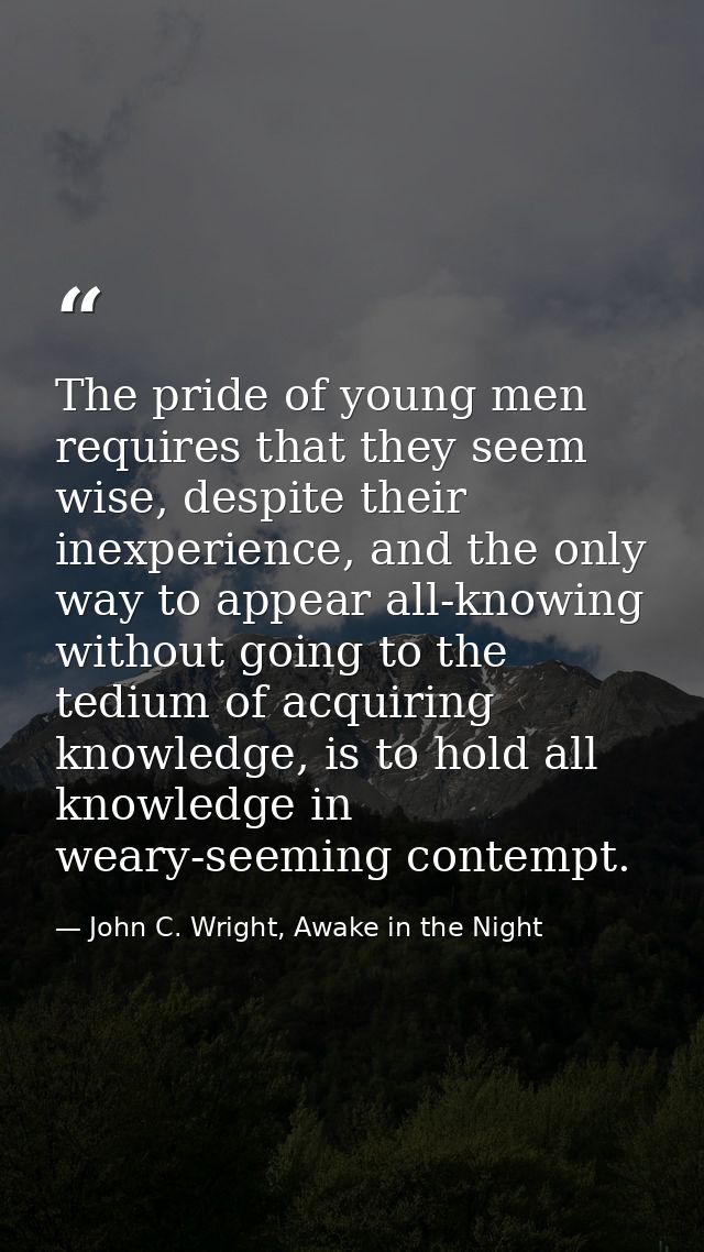 The pride of young men requires that they seem wise, despite their inexperience, and the only way to appear all-knowing  — John C. Wright, Awake in the Night