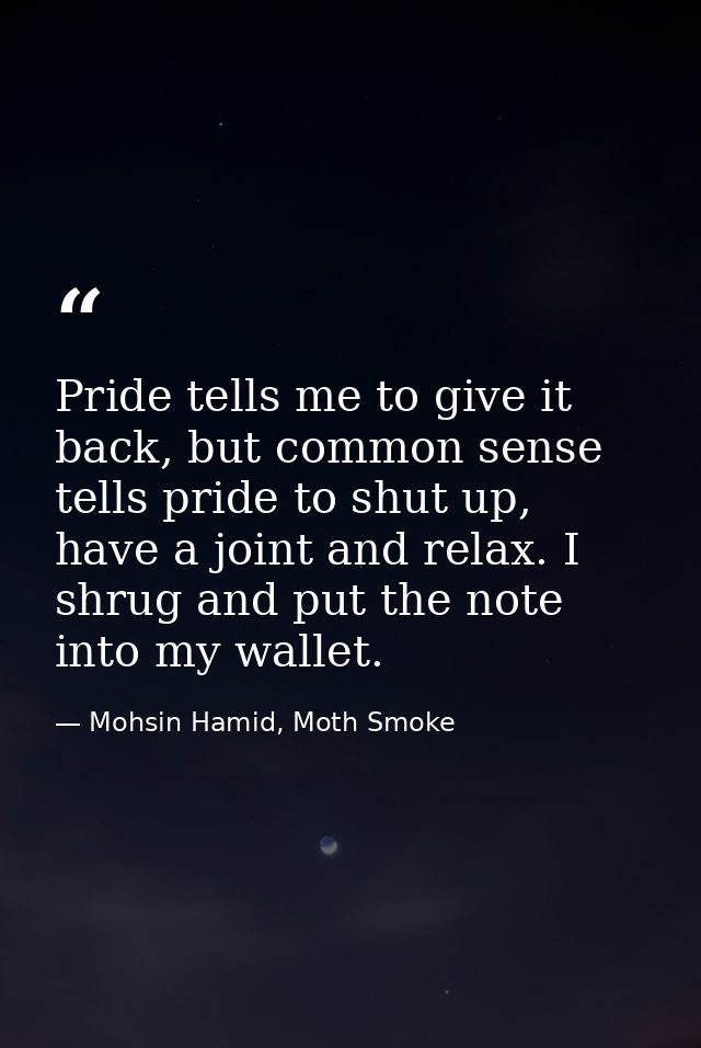 Pride tells me to give it back, but common sense tells pride to shut up, have a joint and relax. I shrug and put the not — Mohsin Hamid, Moth Smoke