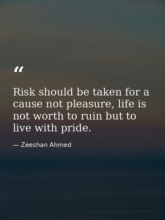 Risk should be taken for a cause not pleasure, life is not worth to ruin but to live with pride. — Zeeshan Ahmed