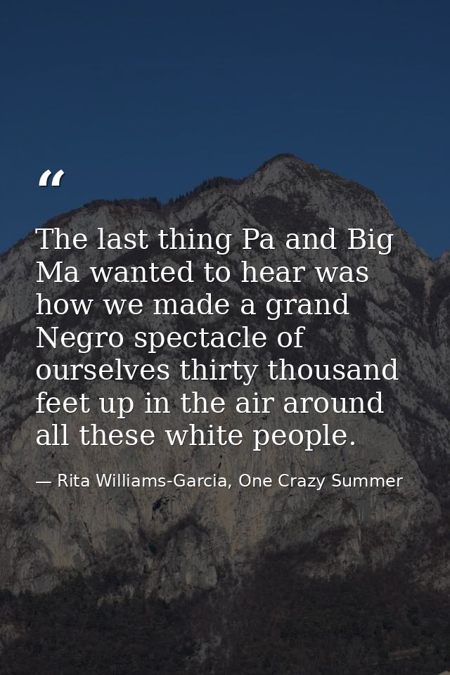The last thing Pa and Big Ma wanted to hear was how we made a grand Negro spectacle of ourselves thirty thousand feet up — Rita Williams-Garcia, One Crazy Summer