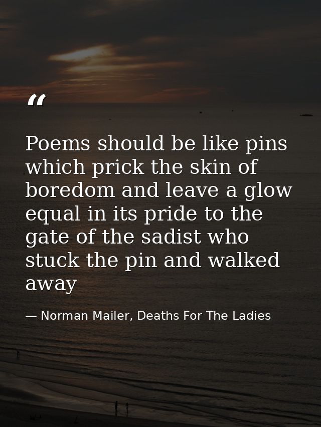Poems should be like pins which prick the skin of boredom and leave a glow equal in its pride to the gate of the sadist  — Norman Mailer, Deaths For The Ladies