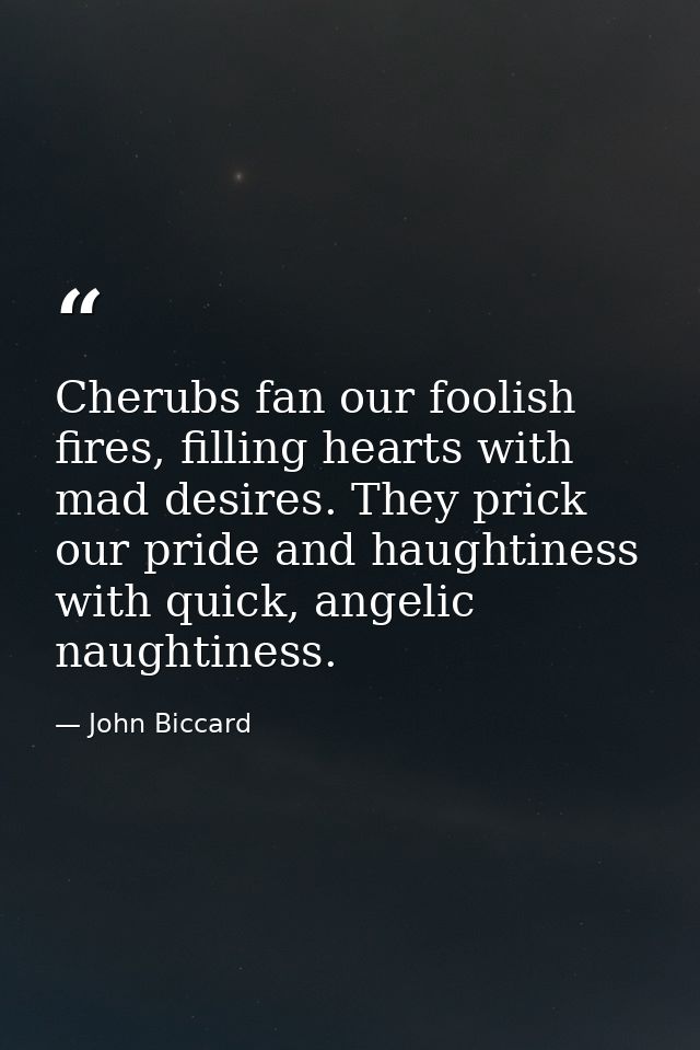 Cherubs fan our foolish fires, filling hearts with mad desires. They prick our pride and haughtiness with quick, angelic — John Biccard