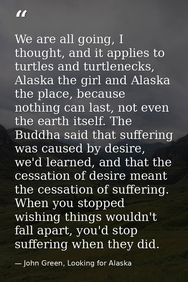 We are all going, I thought, and it applies to turtles and turtlenecks, Alaska the girl and Alaska the place, because no — John Green, Looking for Alaska