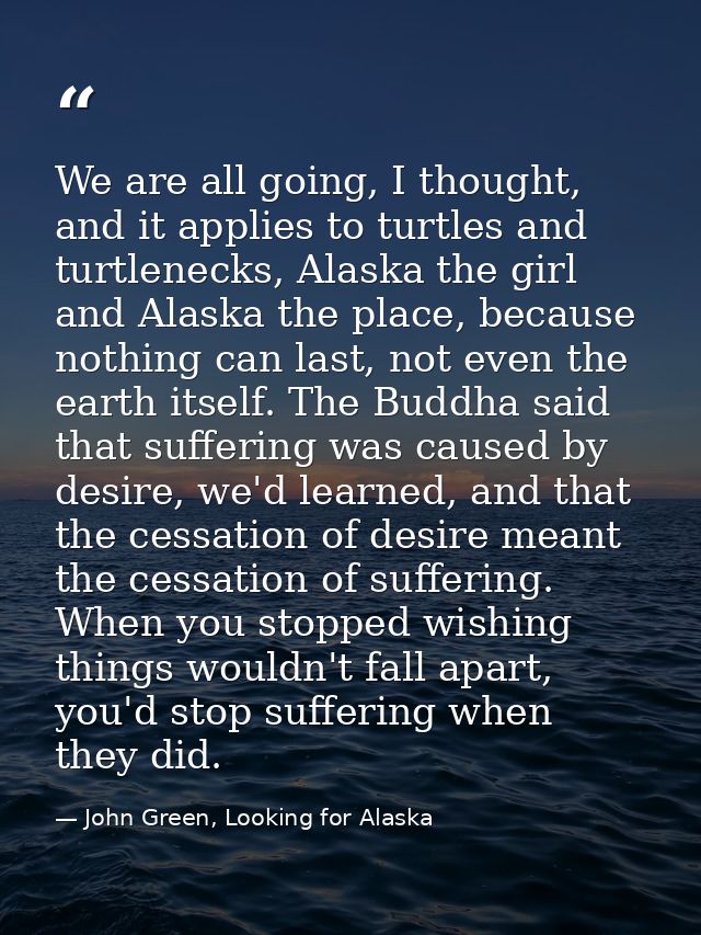 We are all going, I thought, and it applies to turtles and turtlenecks, Alaska the girl and Alaska the place, because no — John Green, Looking for Alaska