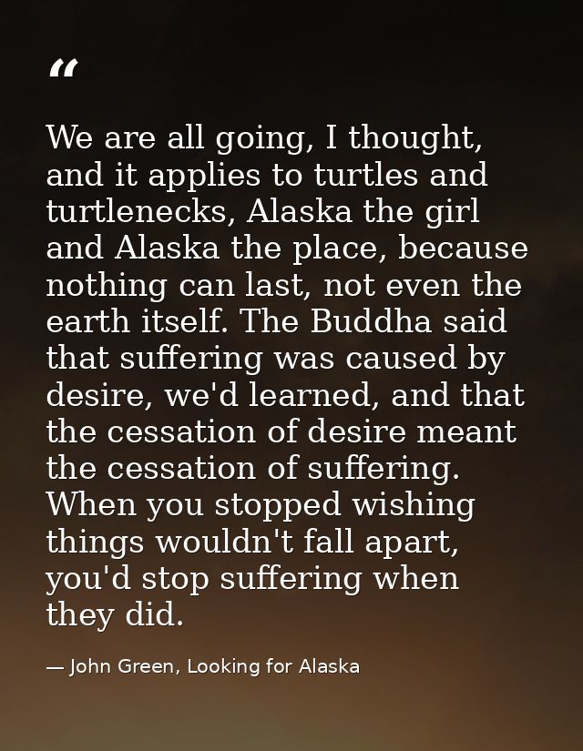 We are all going, I thought, and it applies to turtles and turtlenecks, Alaska the girl and Alaska the place, because no — John Green, Looking for Alaska