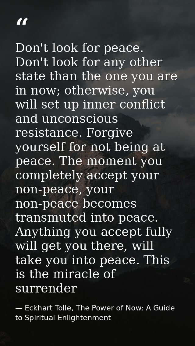 Don't look for peace. Don't look for any other state than the one you are in now; otherwise, you will set up inner confl — Eckhart Tolle, The Power of Now: A Guide to Spiritual Enlightenment