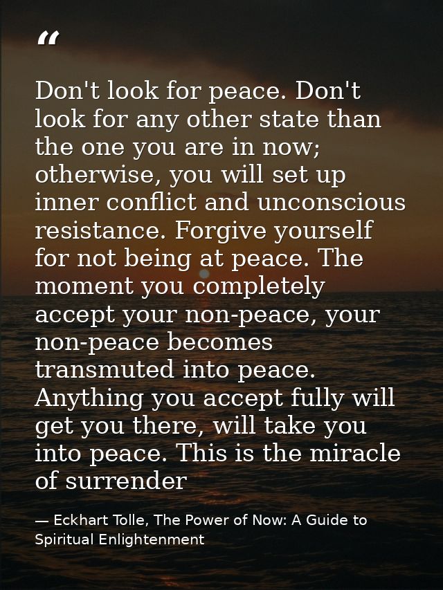 Don't look for peace. Don't look for any other state than the one you are in now; otherwise, you will set up inner confl — Eckhart Tolle, The Power of Now: A Guide to Spiritual Enlightenment