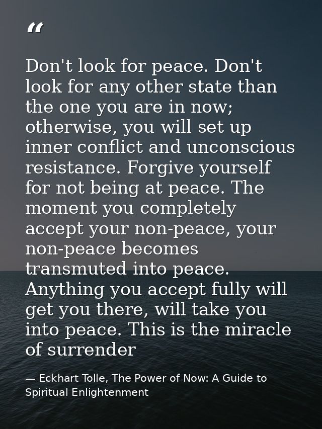 Don't look for peace. Don't look for any other state than the one you are in now; otherwise, you will set up inner confl — Eckhart Tolle, The Power of Now: A Guide to Spiritual Enlightenment