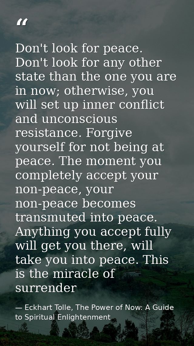 Don't look for peace. Don't look for any other state than the one you are in now; otherwise, you will set up inner confl — Eckhart Tolle, The Power of Now: A Guide to Spiritual Enlightenment