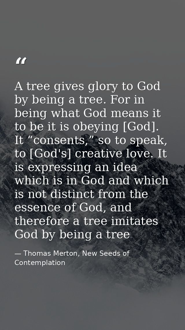 A tree gives glory to God by being a tree. For in being what God means it to be it is obeying [God]. It “consents,” so t — Thomas Merton, New Seeds of Contemplation