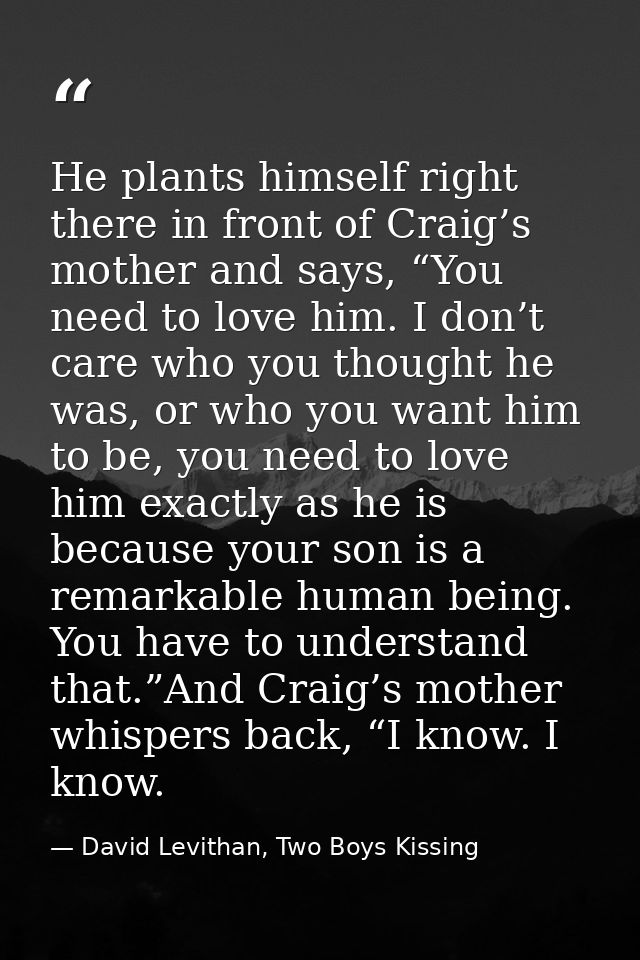 He plants himself right there in front of Craig’s mother and says, “You need to love him. I don’t care who you thought h — David Levithan, Two Boys Kissing