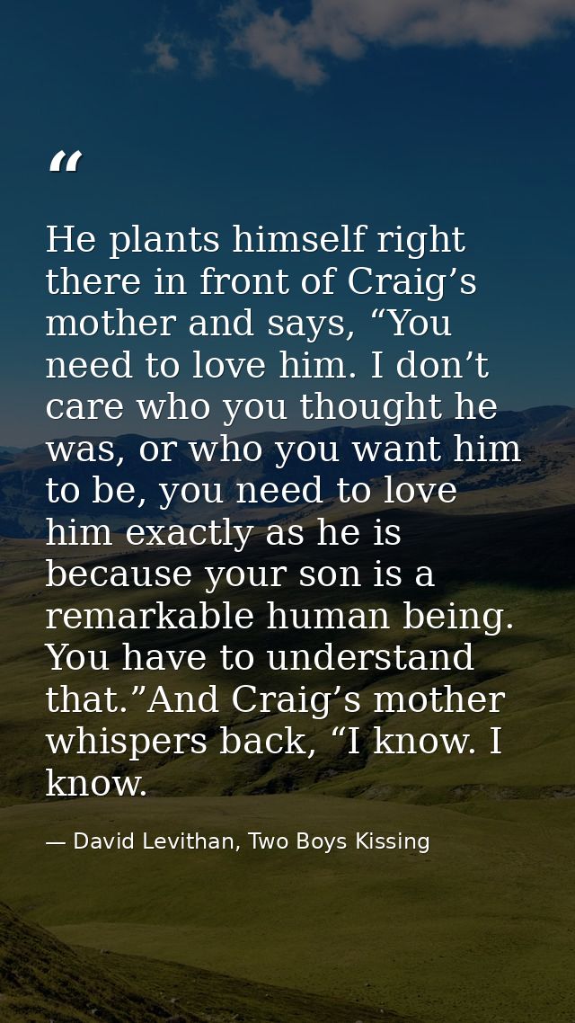 He plants himself right there in front of Craig’s mother and says, “You need to love him. I don’t care who you thought h — David Levithan, Two Boys Kissing