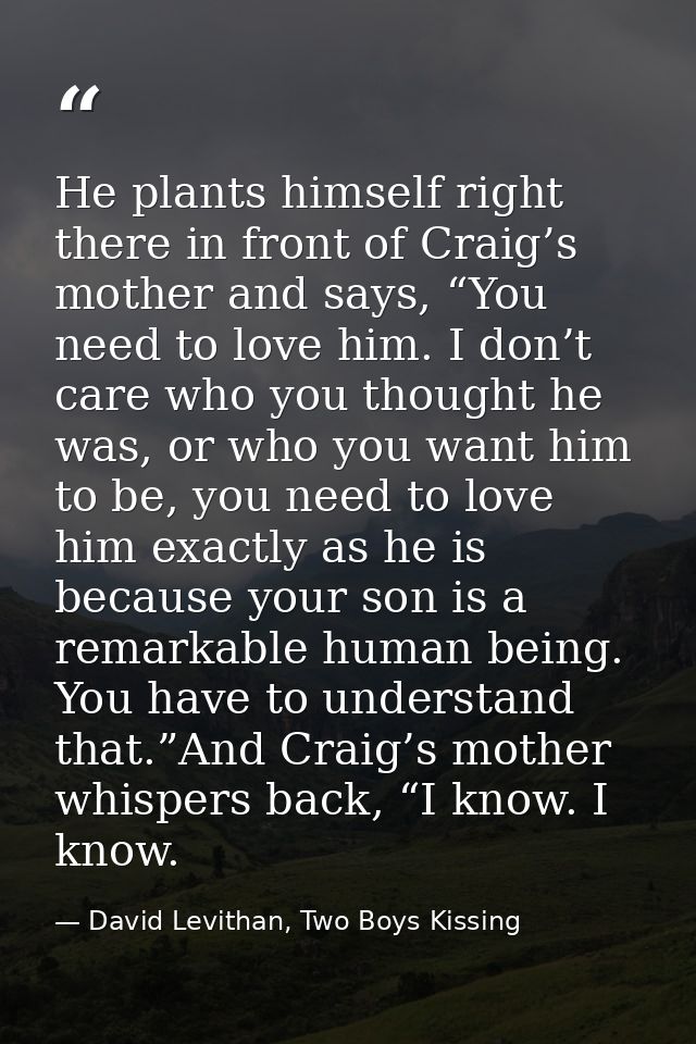 He plants himself right there in front of Craig’s mother and says, “You need to love him. I don’t care who you thought h — David Levithan, Two Boys Kissing