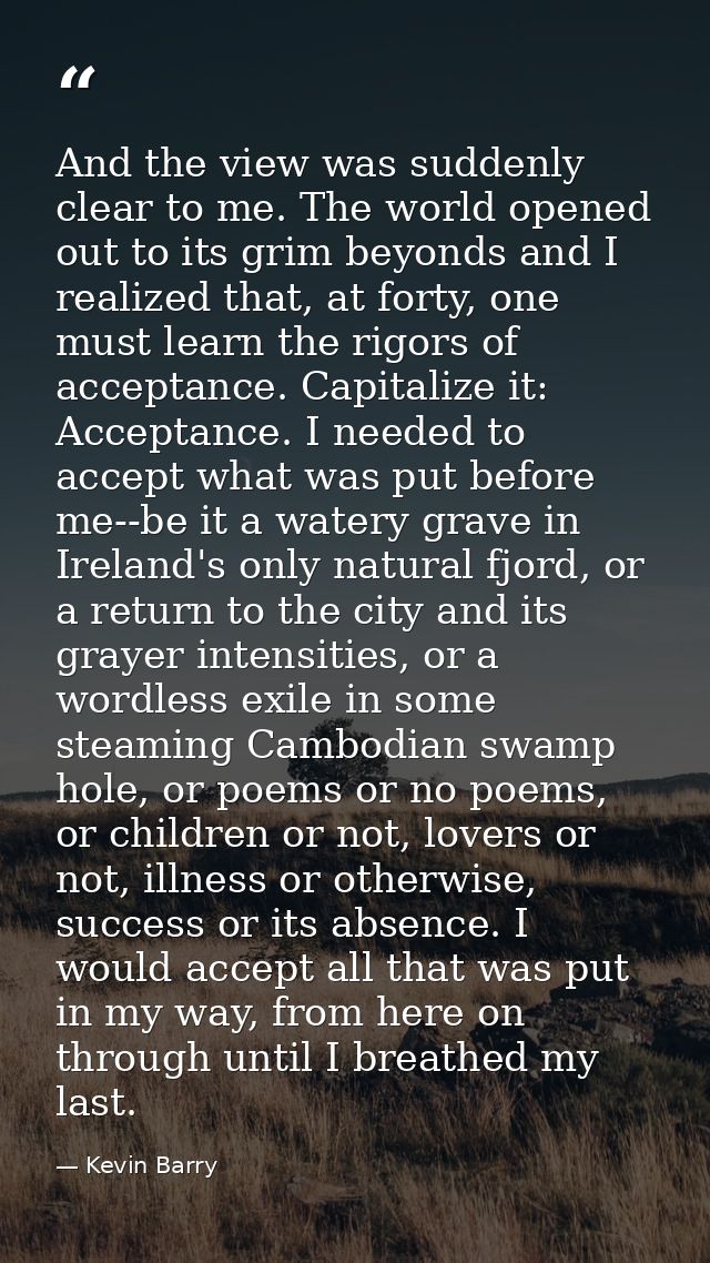 And the view was suddenly clear to me. The world opened out to its grim beyonds and I realized that, at forty, one must  — Kevin Barry