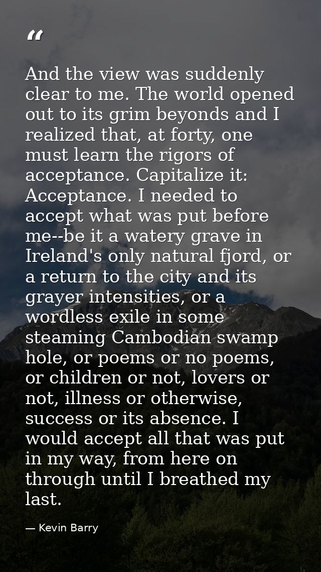 And the view was suddenly clear to me. The world opened out to its grim beyonds and I realized that, at forty, one must  — Kevin Barry