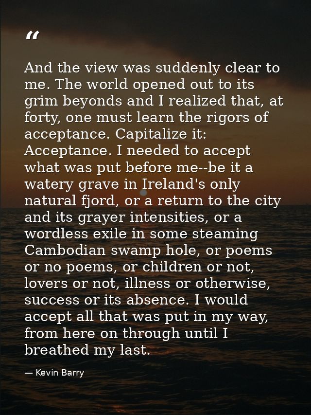 And the view was suddenly clear to me. The world opened out to its grim beyonds and I realized that, at forty, one must  — Kevin Barry