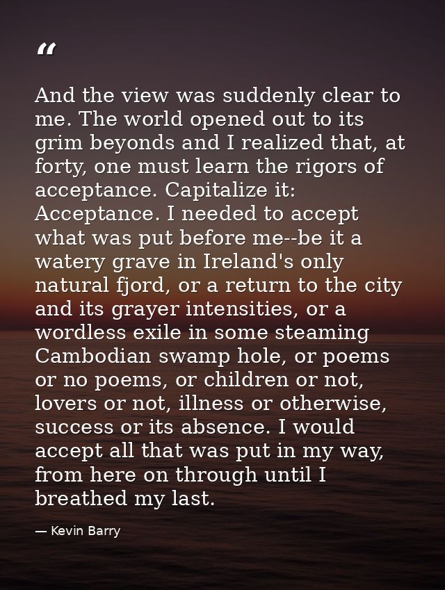 And the view was suddenly clear to me. The world opened out to its grim beyonds and I realized that, at forty, one must  — Kevin Barry